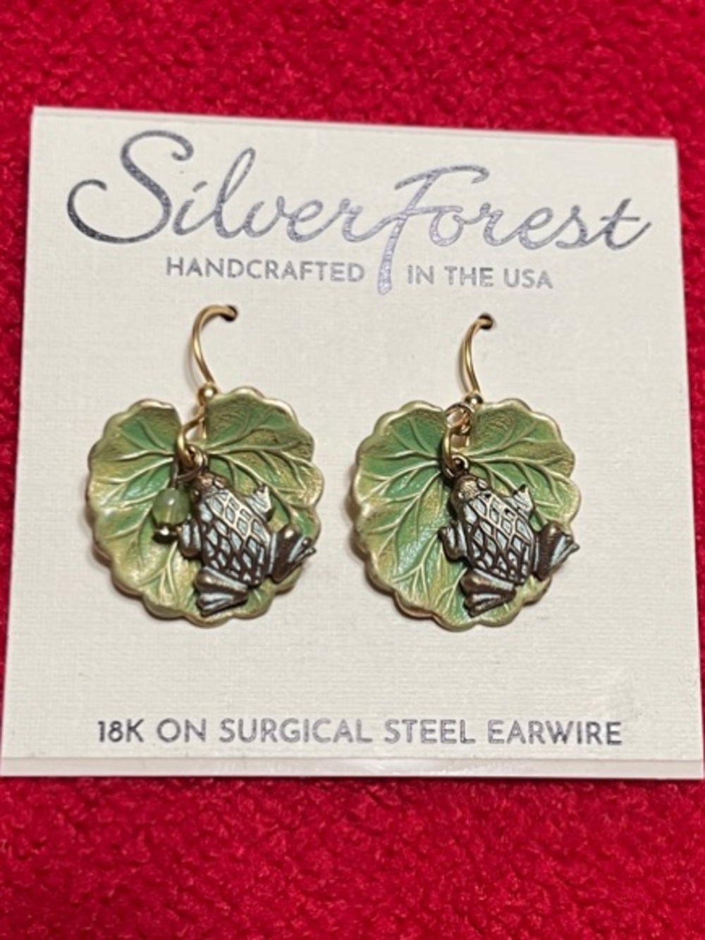 Silver Forest Women’s Green Leaf Frog Dangle Earrings 18K Gold Surgical Steel